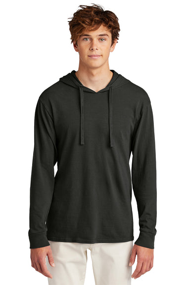 Port & Company PC099H Mens Beach Wash Garment Dyed Long Sleeve Hooded T-Shirt Hoodie Black Model Front