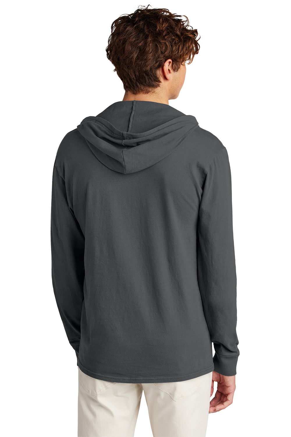 Port & Company PC099H Mens Beach Wash Garment Dyed Long Sleeve Hooded T-Shirt Hoodie Coal Grey Model Back