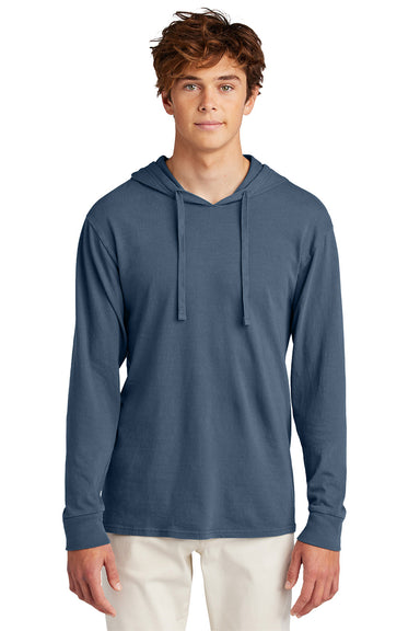 Port & Company PC099H Mens Beach Wash Garment Dyed Long Sleeve Hooded T-Shirt Hoodie Denim Blue Model Front