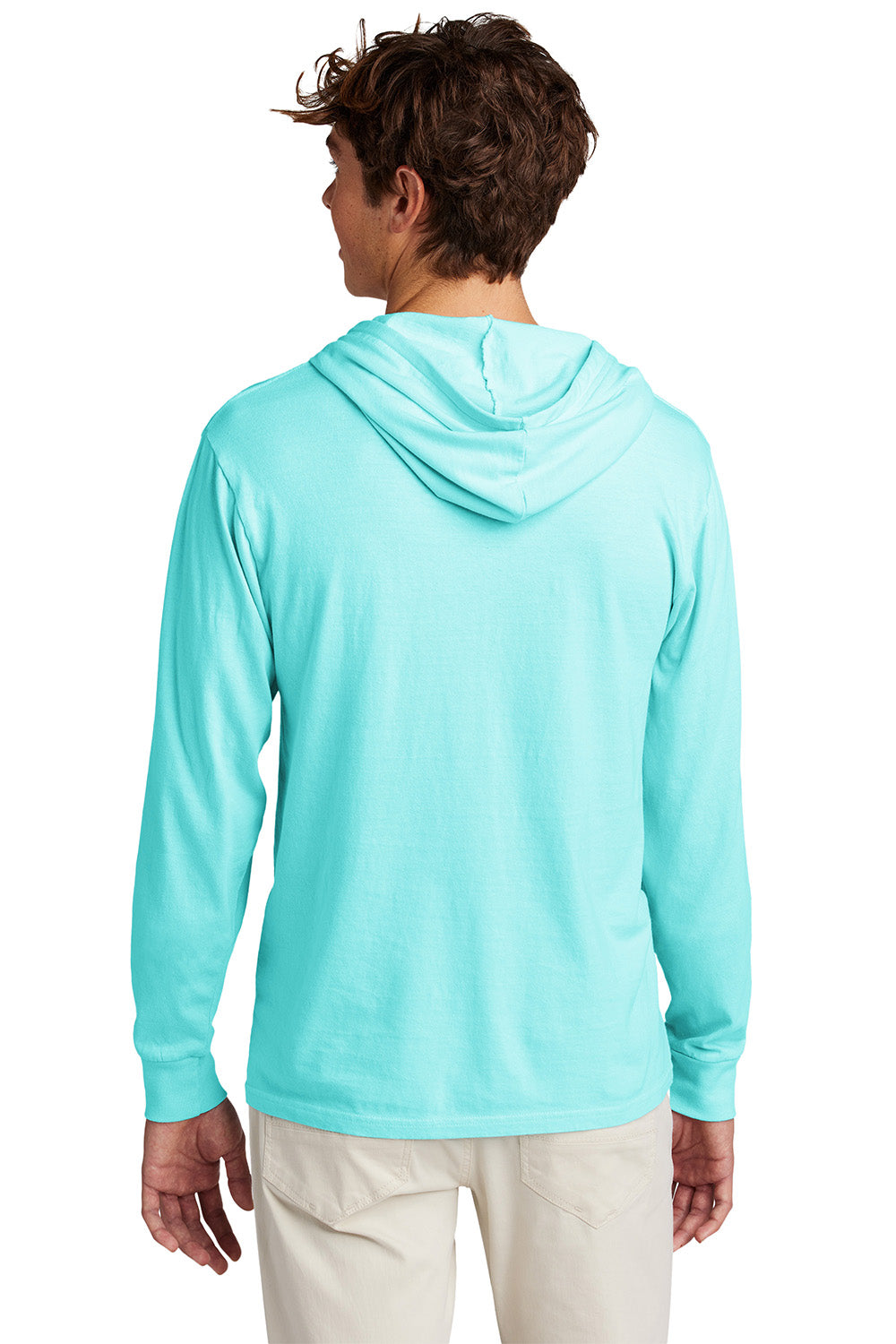 Port & Company PC099H Mens Beach Wash Garment Dyed Long Sleeve Hooded T-Shirt Hoodie Glacier Blue Model Back