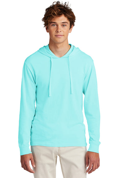 Port & Company PC099H Mens Beach Wash Garment Dyed Long Sleeve Hooded T-Shirt Hoodie Glacier Blue Model Front