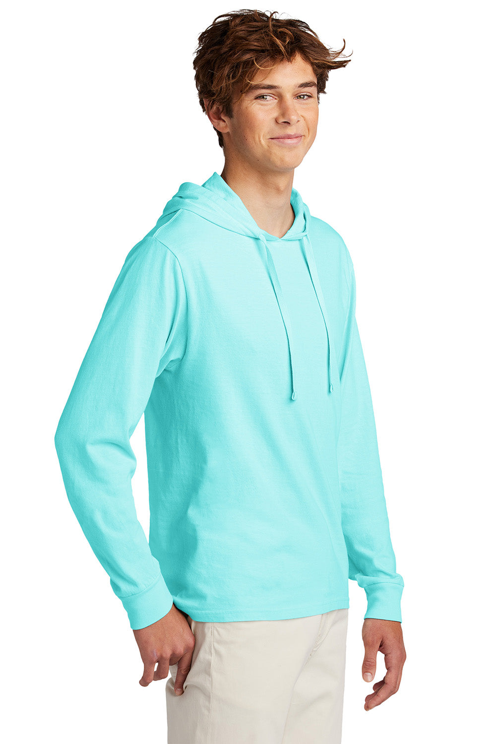 Port & Company PC099H Mens Beach Wash Garment Dyed Long Sleeve Hooded T-Shirt Hoodie Glacier Blue Model Side