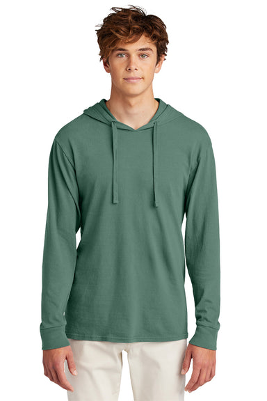 Port & Company PC099H Mens Beach Wash Garment Dyed Long Sleeve Hooded T-Shirt Hoodie Nordic Green Model Front