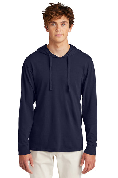 Port & Company PC099H Mens Beach Wash Garment Dyed Long Sleeve Hooded T-Shirt Hoodie True Navy Blue Model Front