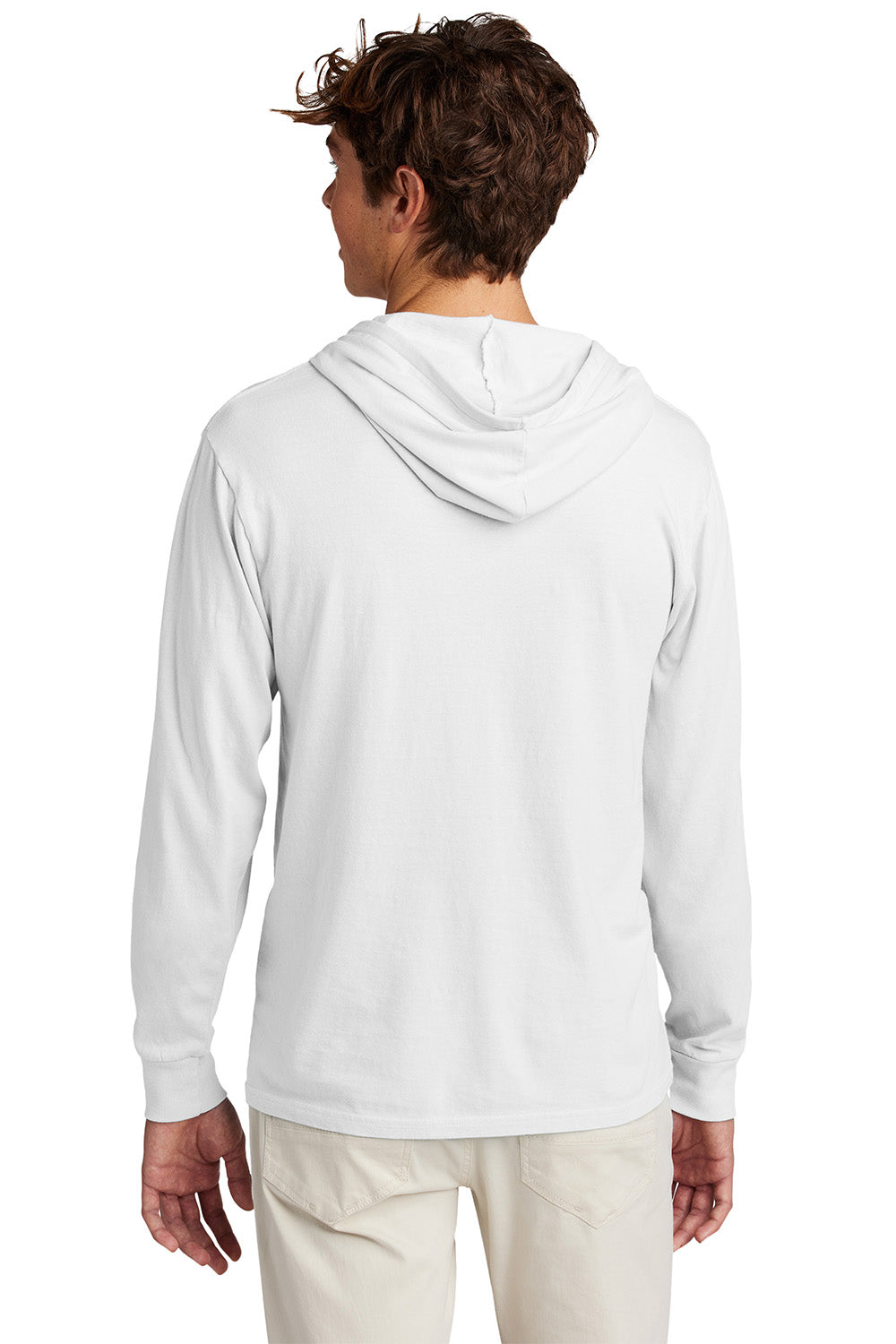 Port & Company PC099H Mens Beach Wash Garment Dyed Long Sleeve Hooded T-Shirt Hoodie White Model Back