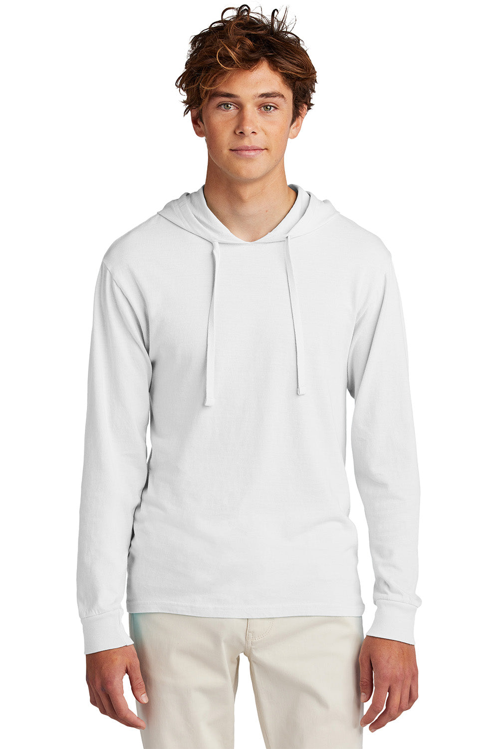 Port & Company PC099H Mens Beach Wash Garment Dyed Long Sleeve Hooded T-Shirt Hoodie White Model Front