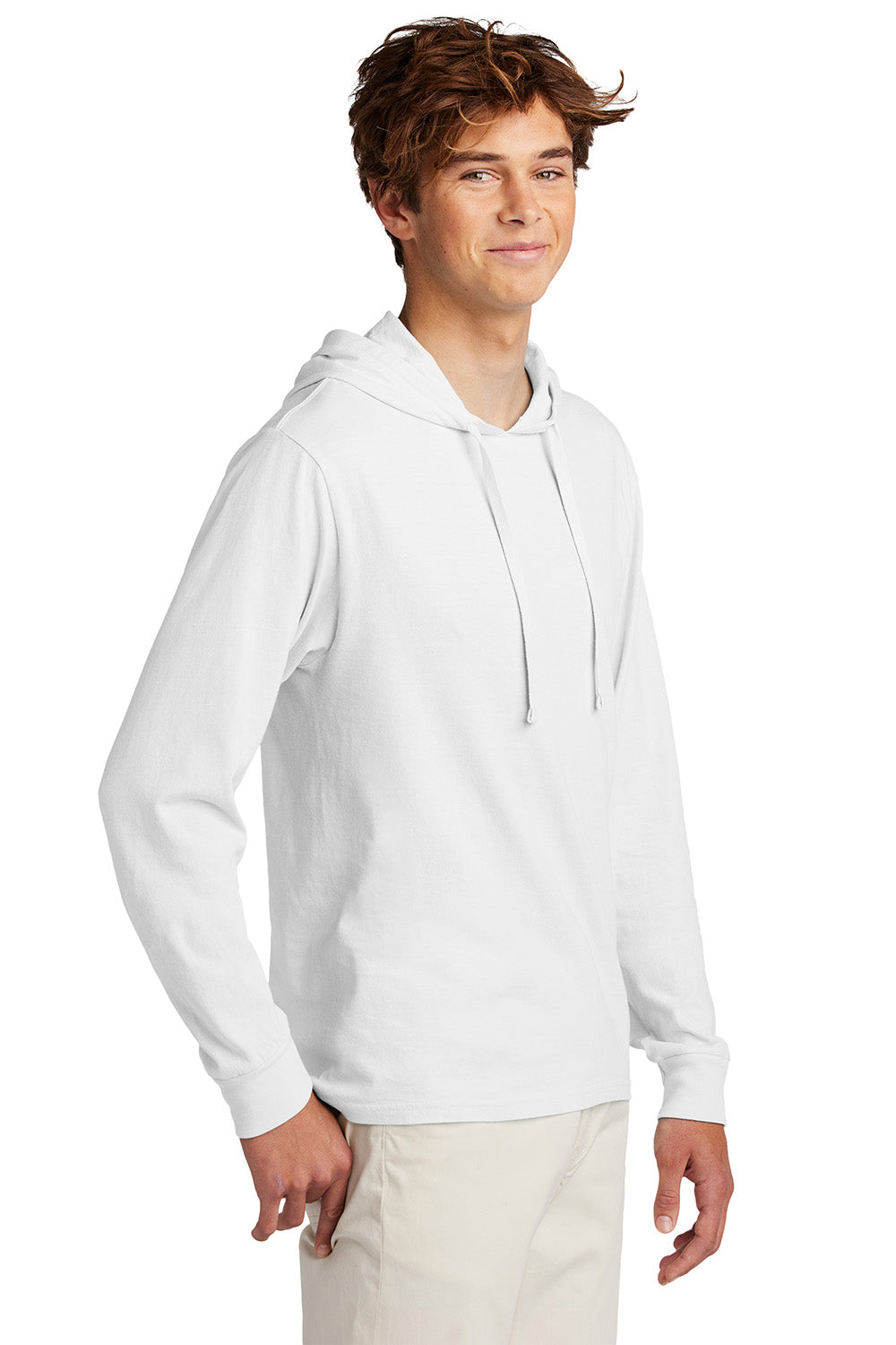 Port & Company PC099H Mens Beach Wash Garment Dyed Long Sleeve Hooded T-Shirt Hoodie White Model Side