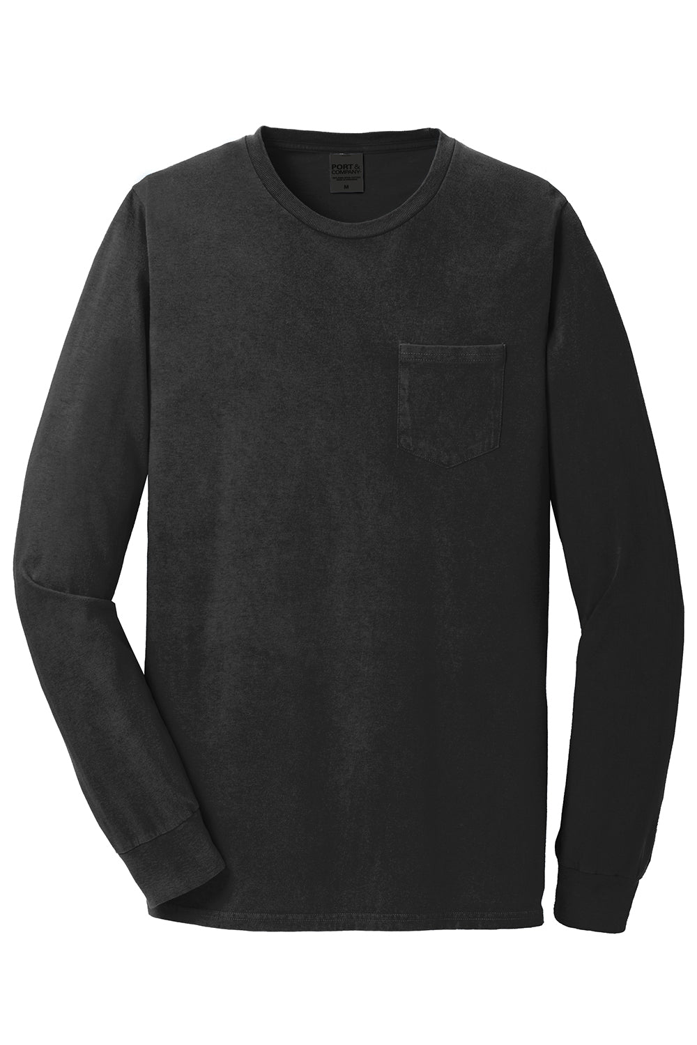 Port & Company PC099LSP Mens Beach Wash Long Sleeve Crewneck T-Shirt w/ Pocket Black Flat Front