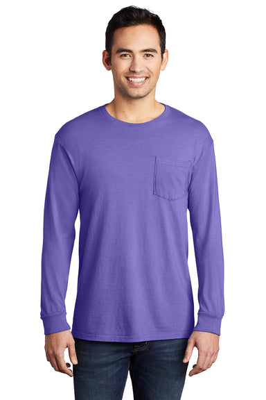 Port & Company PC099LSP Mens Beach Wash Long Sleeve Crewneck T-Shirt w/ Pocket Amethyst Purple Model Front