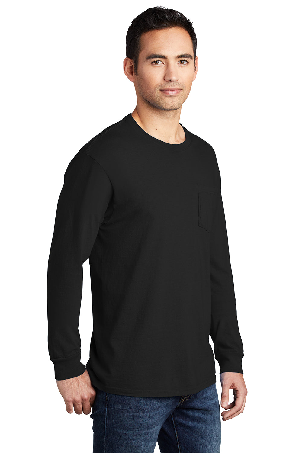 Port & Company PC099LSP Mens Beach Wash Long Sleeve Crewneck T-Shirt w/ Pocket Black Model 3q