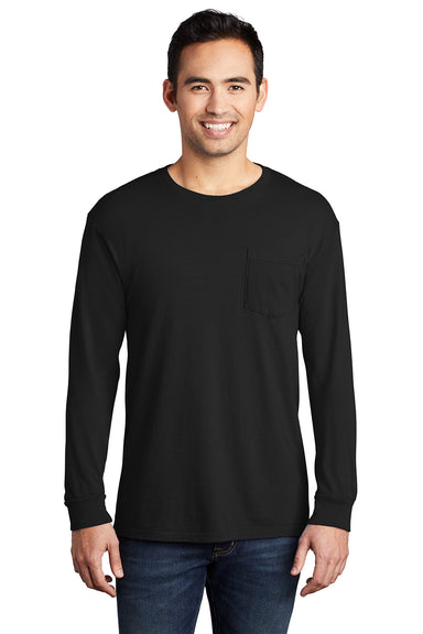 Port & Company PC099LSP Mens Beach Wash Long Sleeve Crewneck T-Shirt w/ Pocket Black Model Front