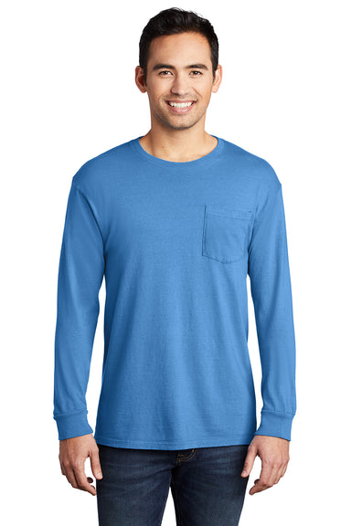 Port & Company PC099LSP Mens Beach Wash Long Sleeve Crewneck T-Shirt w/ Pocket Blue Moon Model Front