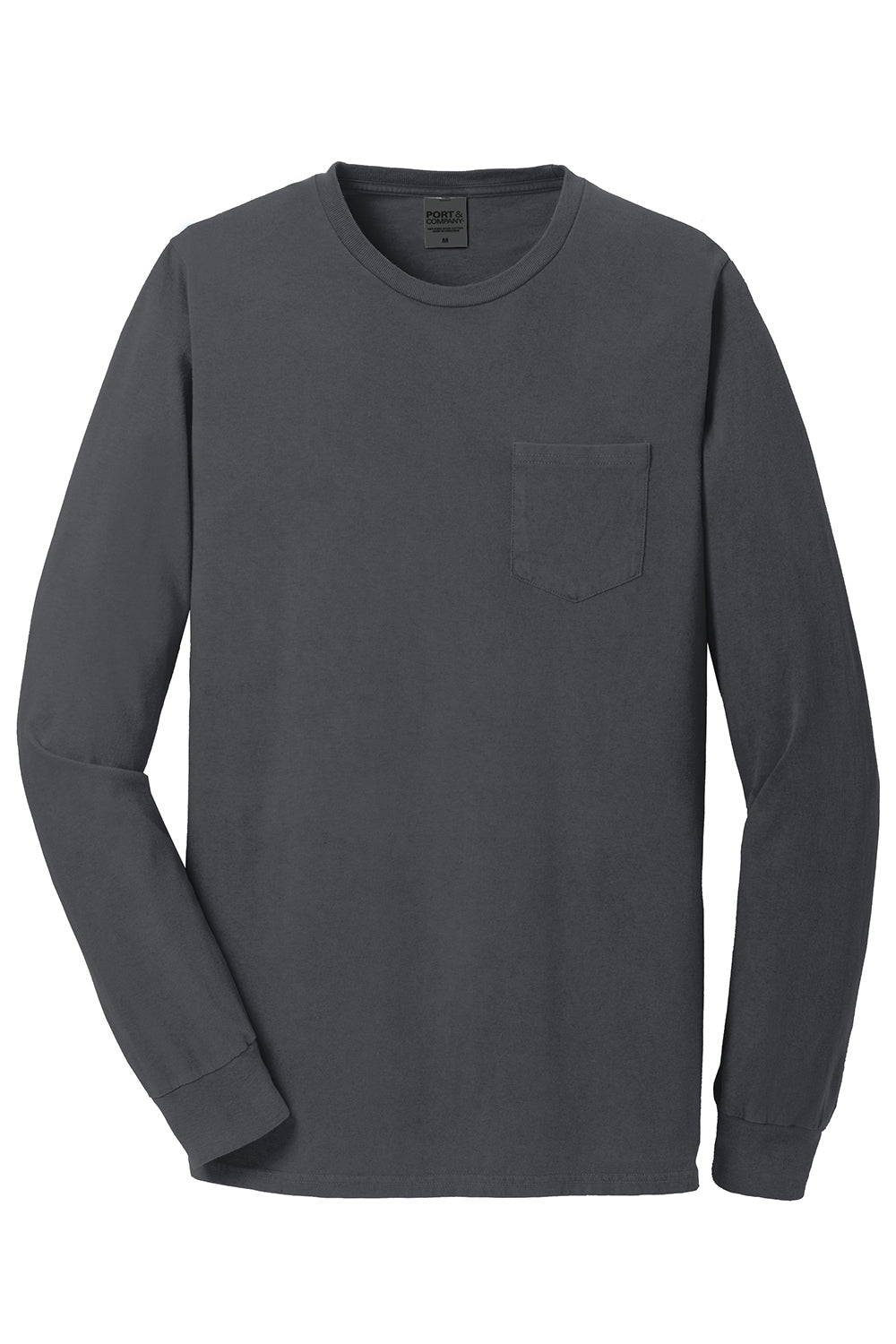 Port & Company PC099LSP Mens Beach Wash Long Sleeve Crewneck T-Shirt w/ Pocket Coal Grey Flat Front