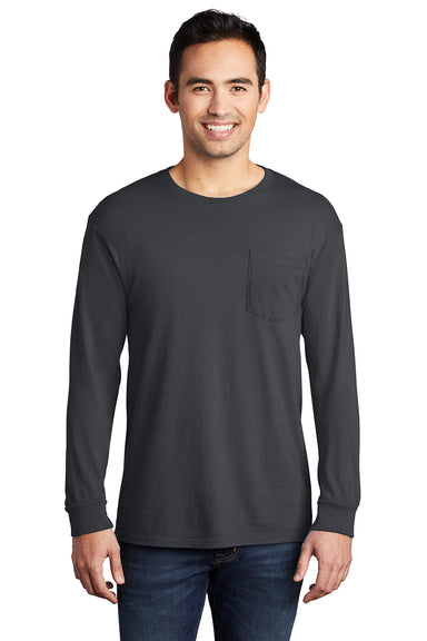 Port & Company PC099LSP Mens Beach Wash Long Sleeve Crewneck T-Shirt w/ Pocket Coal Grey Model Front