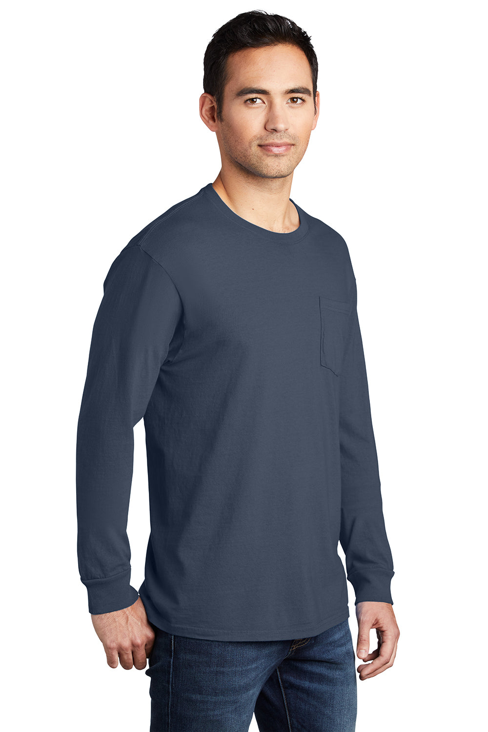 Port & Company PC099LSP Mens Beach Wash Long Sleeve Crewneck T-Shirt w/ Pocket Denim Blue Model 3q