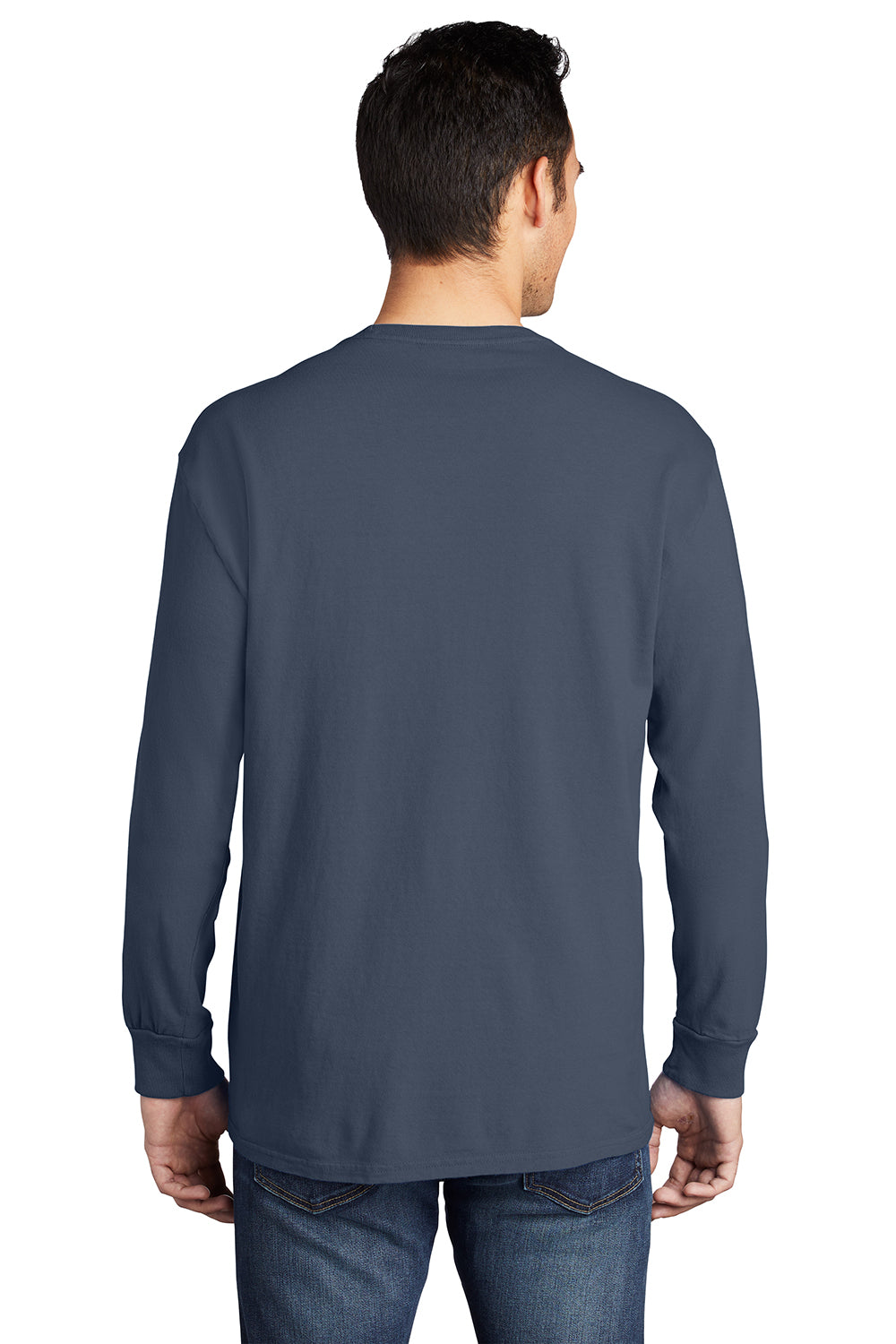 Port & Company PC099LSP Mens Beach Wash Long Sleeve Crewneck T-Shirt w/ Pocket Denim Blue Model Back