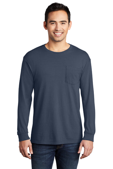 Port & Company PC099LSP Mens Beach Wash Long Sleeve Crewneck T-Shirt w/ Pocket Denim Blue Model Front