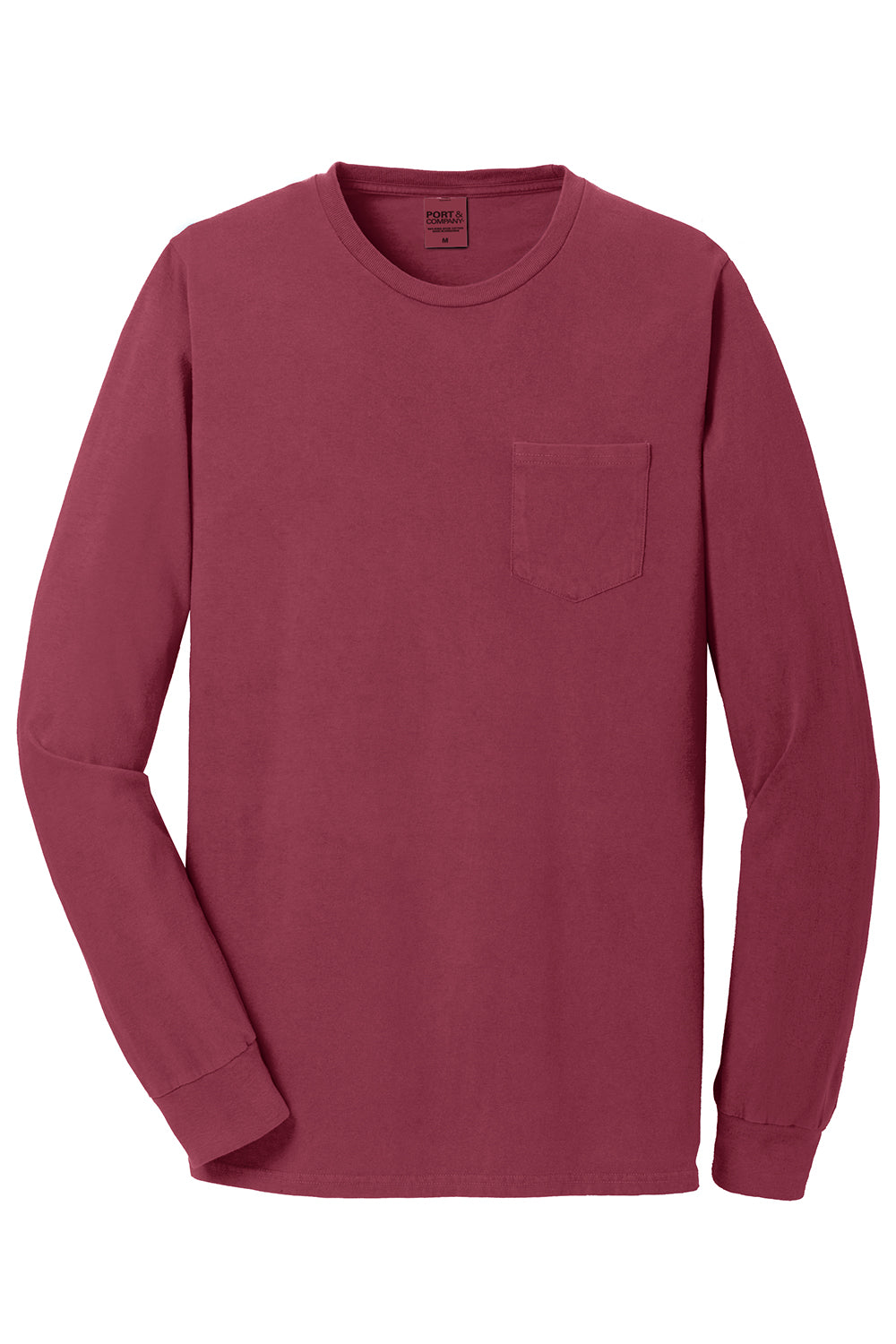 Port & Company PC099LSP Mens Beach Wash Long Sleeve Crewneck T-Shirt w/ Pocket Merlot Red Flat Front