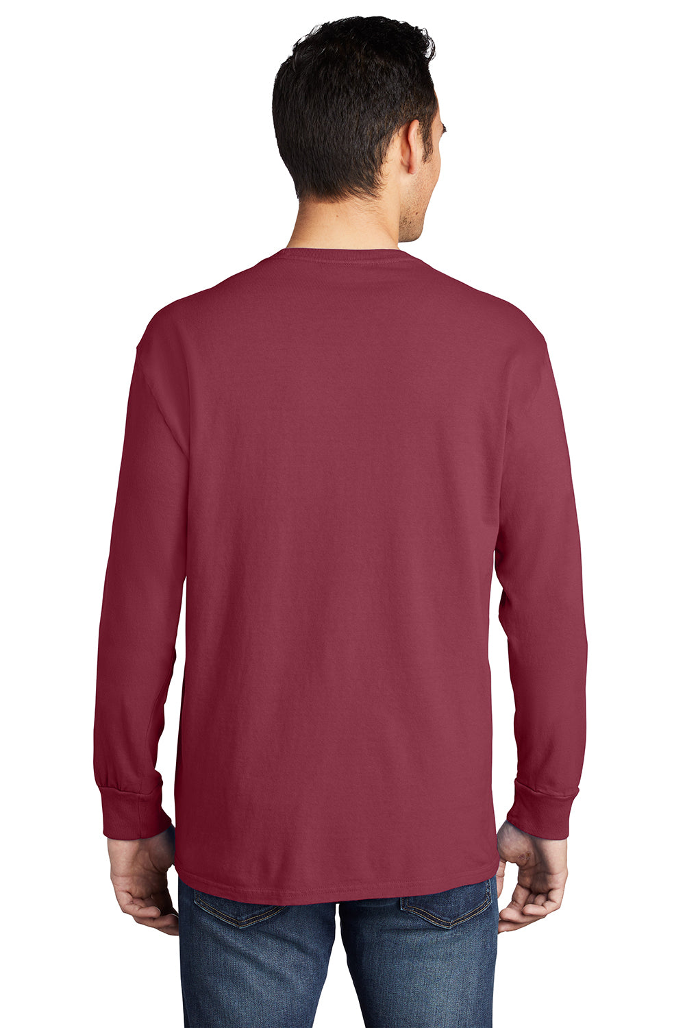 Port & Company PC099LSP Mens Beach Wash Long Sleeve Crewneck T-Shirt w/ Pocket Merlot Red Model Back