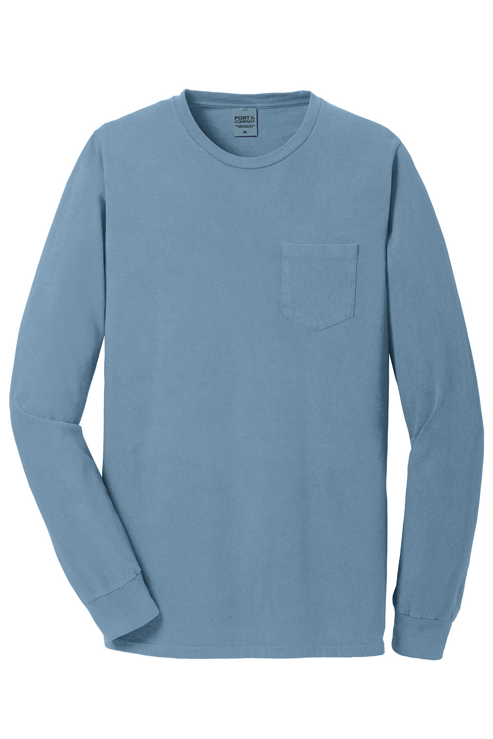 Port & Company PC099LSP Mens Beach Wash Long Sleeve Crewneck T-Shirt w/ Pocket Mist Blue Flat Front