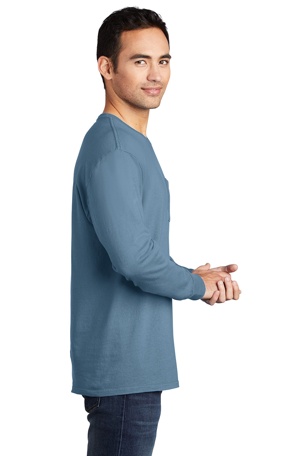 Port & Company PC099LSP Mens Beach Wash Long Sleeve Crewneck T-Shirt w/ Pocket Mist Blue Model Side