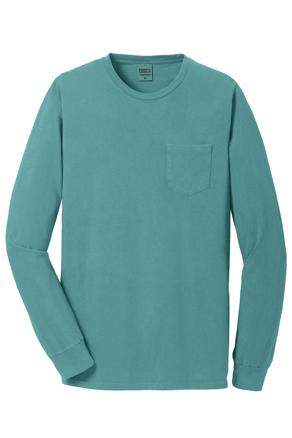 Port & Company PC099LSP Mens Beach Wash Long Sleeve Crewneck T-Shirt w/ Pocket Peacock Green Flat Front