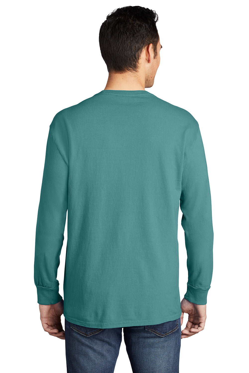 Port & Company PC099LSP Mens Beach Wash Long Sleeve Crewneck T-Shirt w/ Pocket Peacock Green Model Back