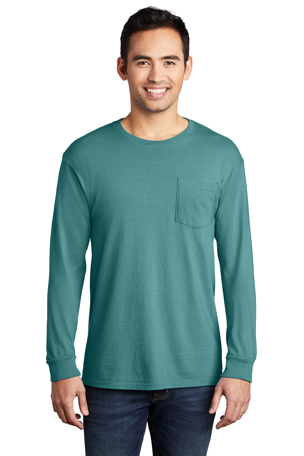 Port & Company PC099LSP Mens Beach Wash Long Sleeve Crewneck T-Shirt w/ Pocket Peacock Green Model Front