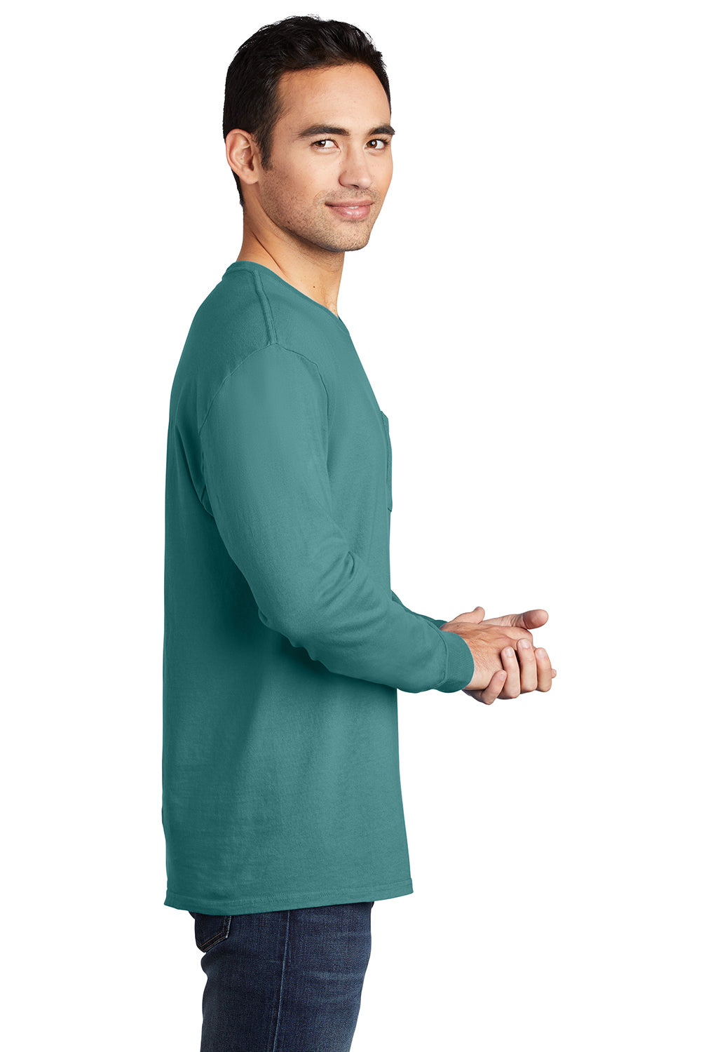 Port & Company PC099LSP Mens Beach Wash Long Sleeve Crewneck T-Shirt w/ Pocket Peacock Green Model Side