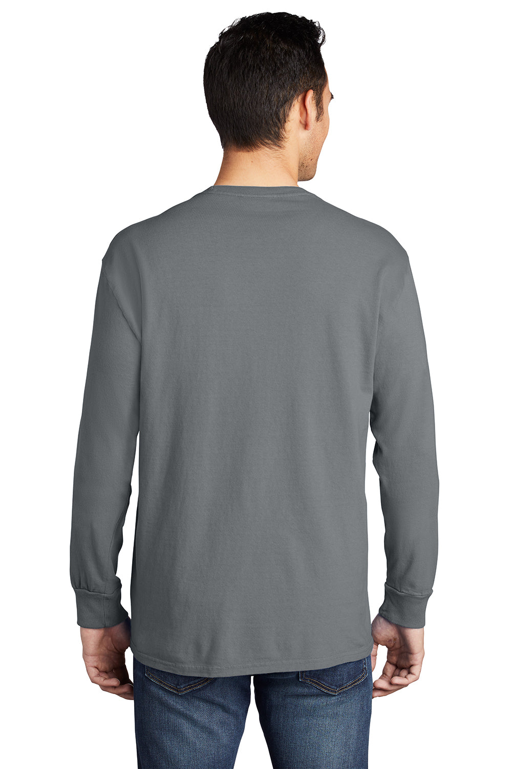 Port & Company PC099LSP Mens Beach Wash Long Sleeve Crewneck T-Shirt w/ Pocket Pewter Grey Model Back