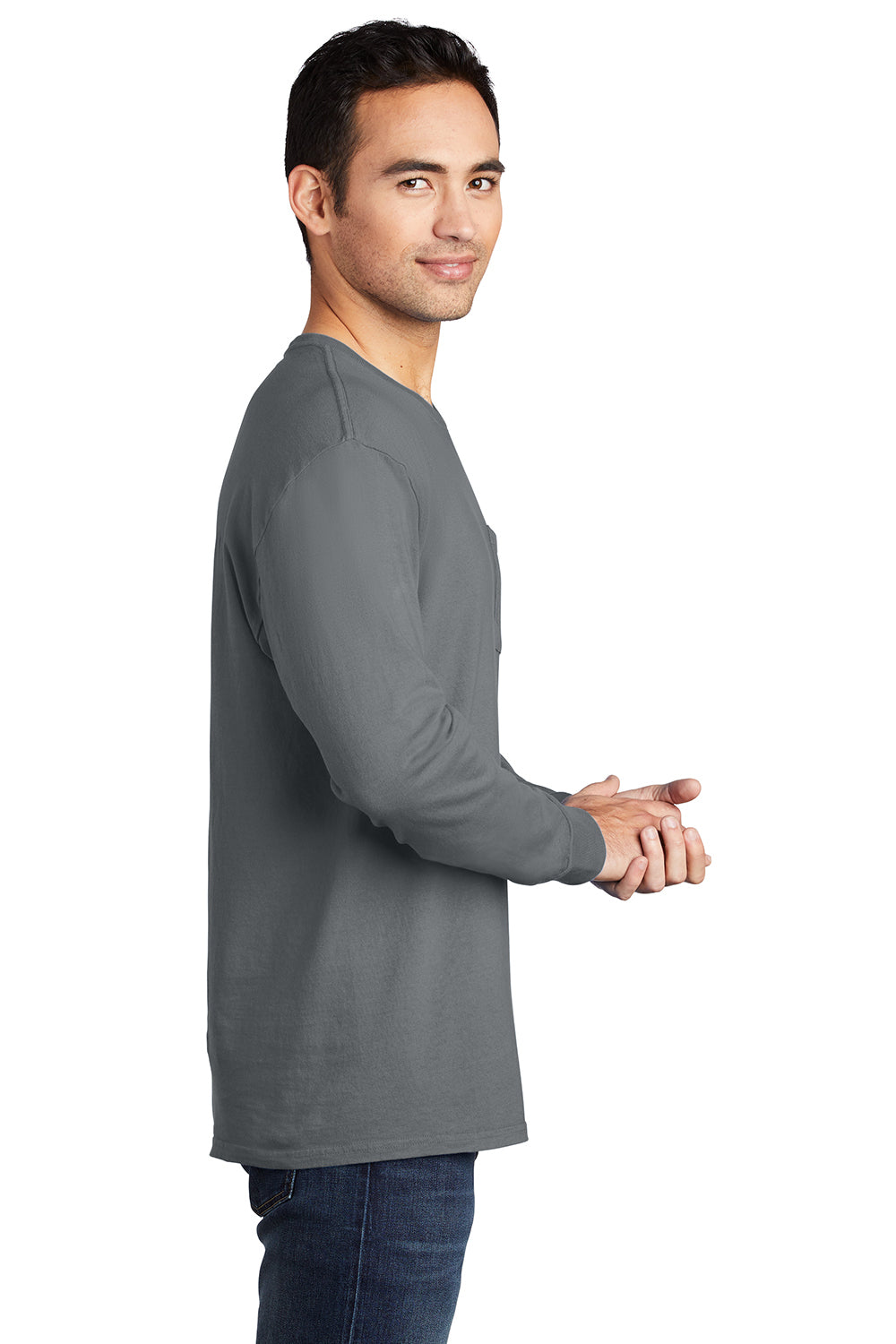 Port & Company PC099LSP Mens Beach Wash Long Sleeve Crewneck T-Shirt w/ Pocket Pewter Grey Model Side