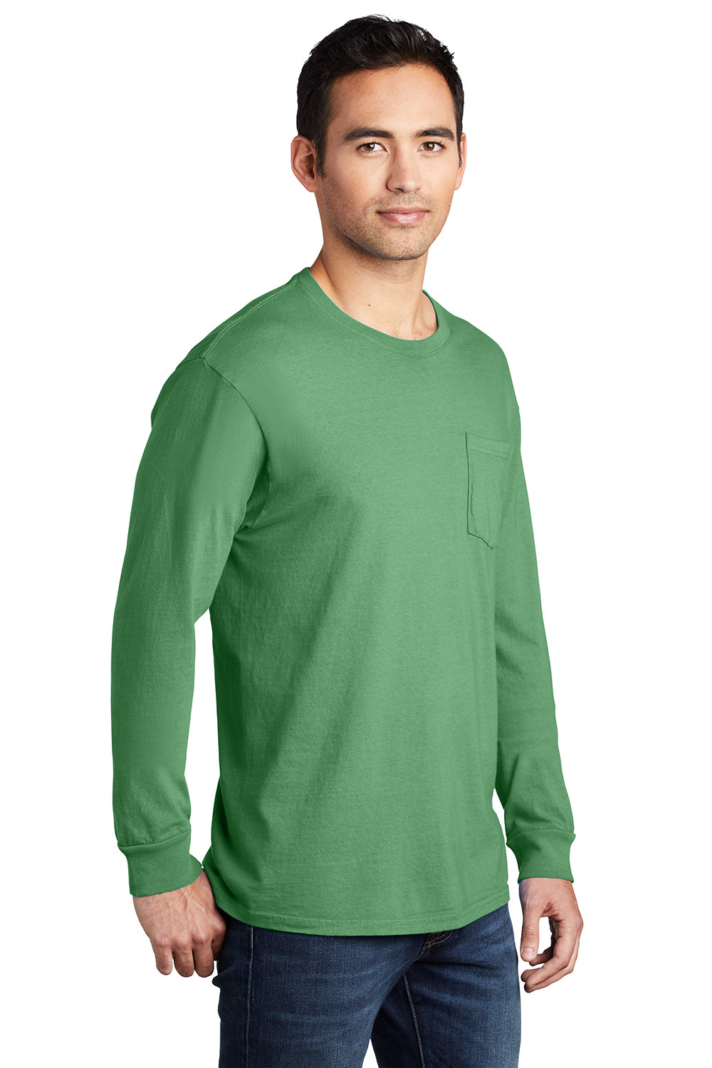 Port & Company PC099LSP Mens Beach Wash Long Sleeve Crewneck T-Shirt w/ Pocket Safari Green Model 3q