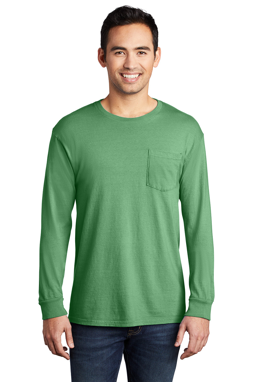 Port & Company PC099LSP Mens Beach Wash Long Sleeve Crewneck T-Shirt w/ Pocket Safari Green Model Front