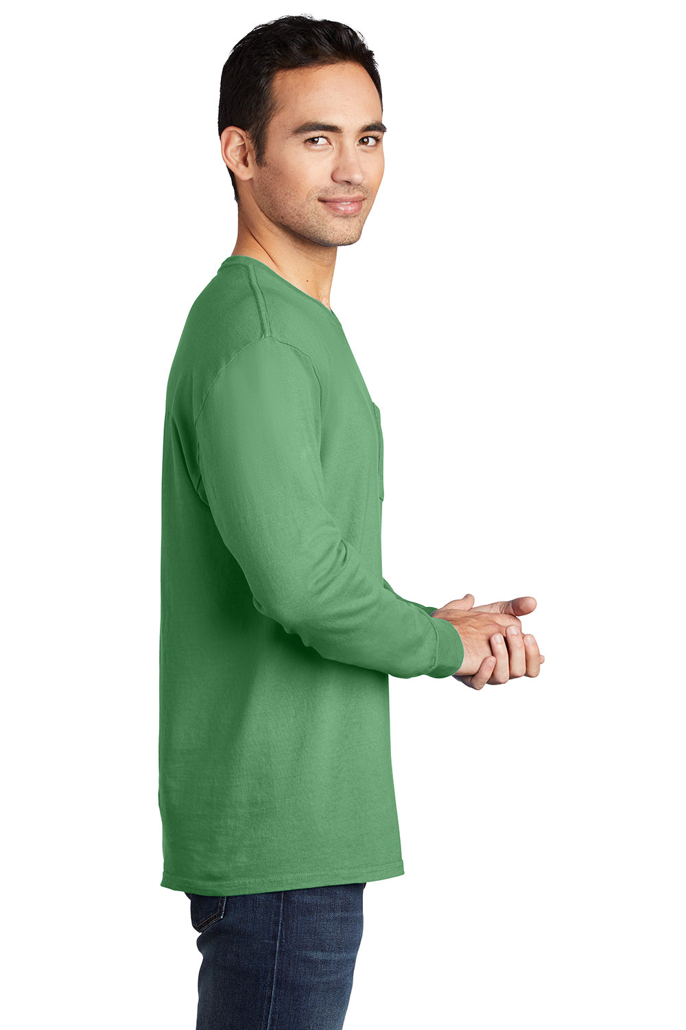 Port & Company PC099LSP Mens Beach Wash Long Sleeve Crewneck T-Shirt w/ Pocket Safari Green Model Side