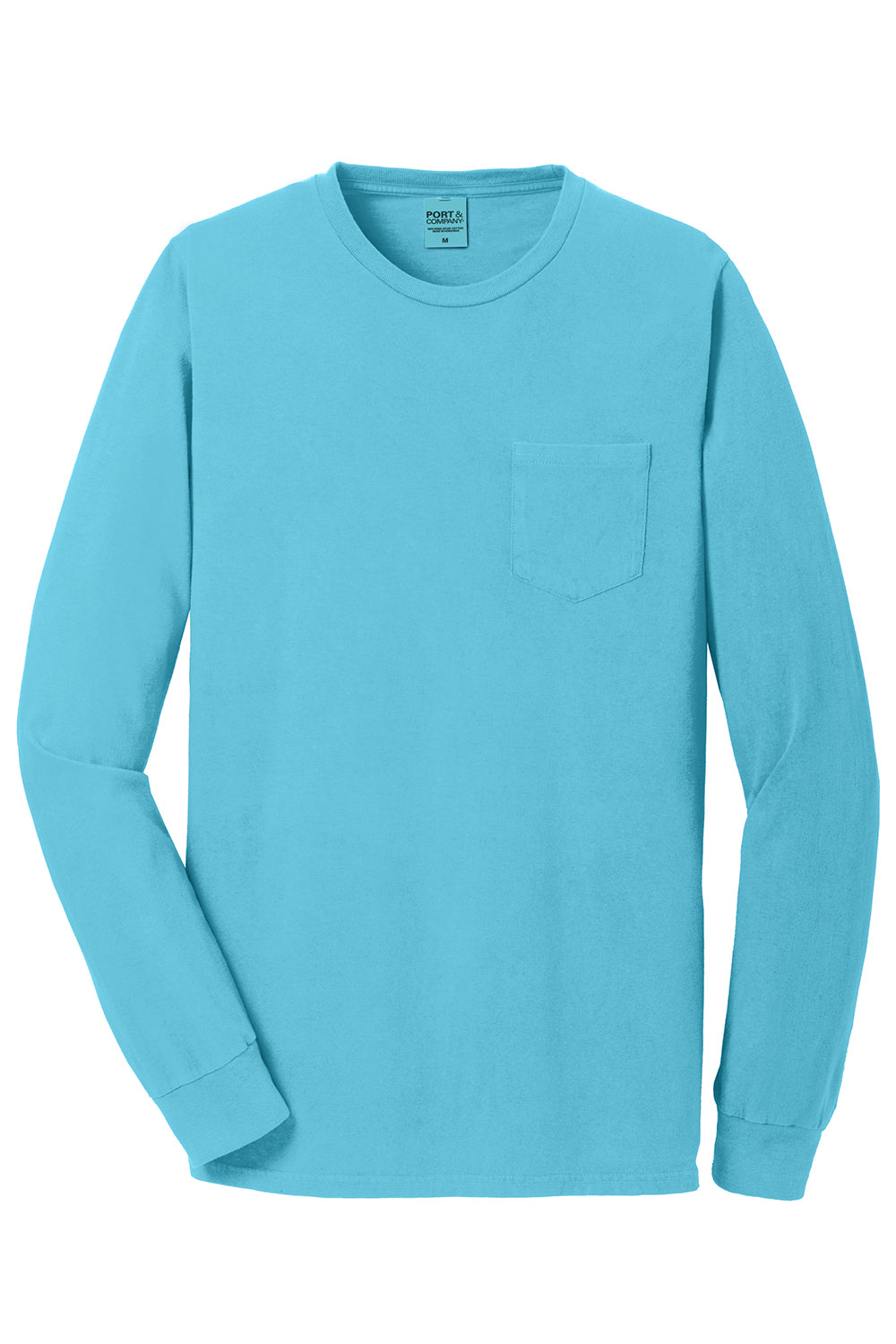 Port & Company PC099LSP Mens Beach Wash Long Sleeve Crewneck T-Shirt w/ Pocket Tidal Wave Blue Flat Front