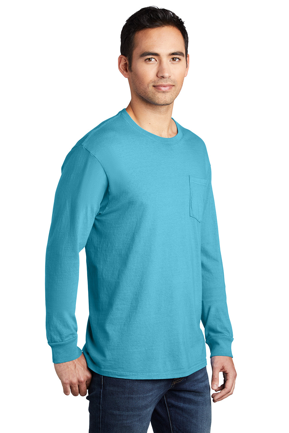 Port & Company PC099LSP Mens Beach Wash Long Sleeve Crewneck T-Shirt w/ Pocket Tidal Wave Blue Model 3q