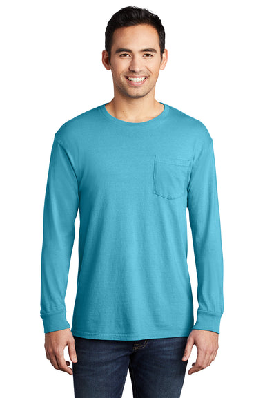 Port & Company PC099LSP Mens Beach Wash Long Sleeve Crewneck T-Shirt w/ Pocket Tidal Wave Blue Model Front