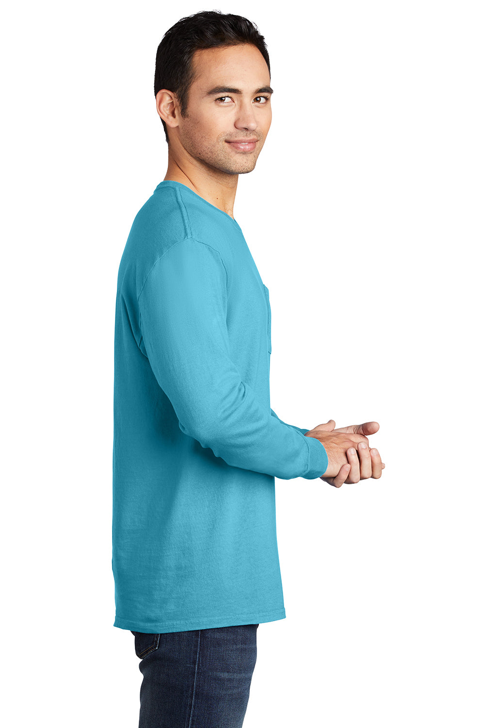 Port & Company PC099LSP Mens Beach Wash Long Sleeve Crewneck T-Shirt w/ Pocket Tidal Wave Blue Model Side