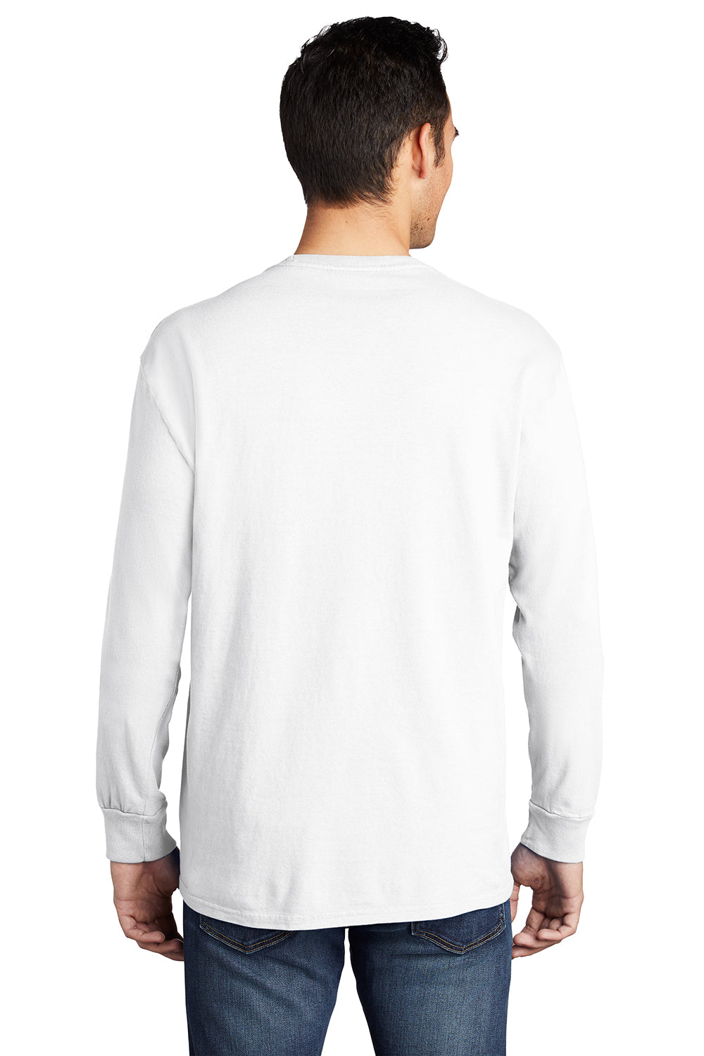 Port & Company PC099LSP Mens Beach Wash Long Sleeve Crewneck T-Shirt w/ Pocket White Model Back