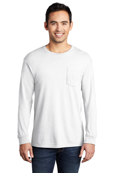 Port & Company PC099LSP Mens Beach Wash Long Sleeve Crewneck T-Shirt w/ Pocket White Model Front