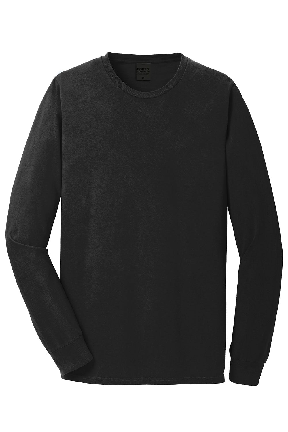 Port & Company PC099LS Mens Beach Wash Long Sleeve Crewneck T-Shirt Black Flat Front