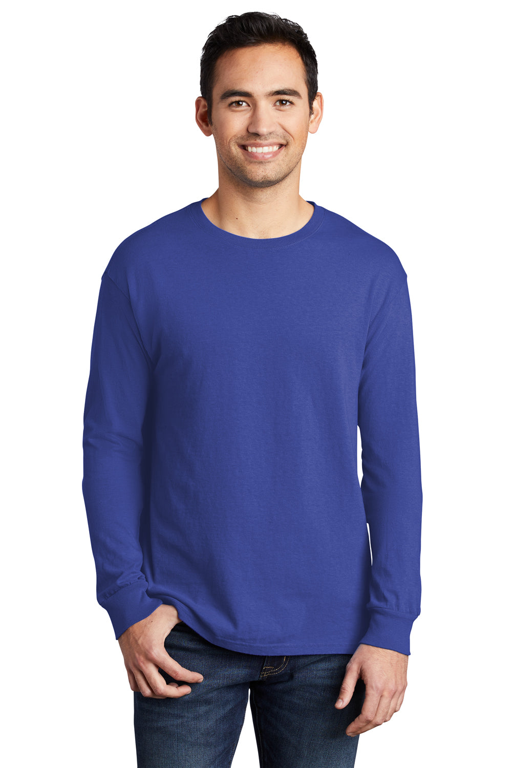 Port & Company PC099LS Mens Beach Wash Long Sleeve Crewneck T-Shirt Iris Blue Model Front