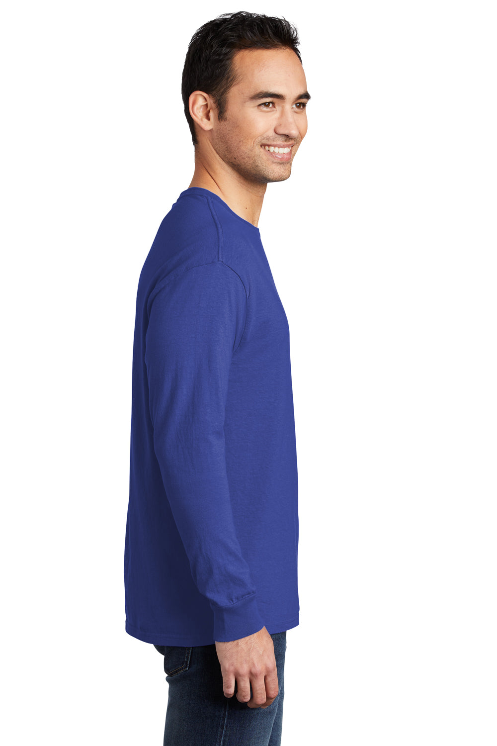 Port & Company PC099LS Mens Beach Wash Long Sleeve Crewneck T-Shirt Iris Blue Model Side