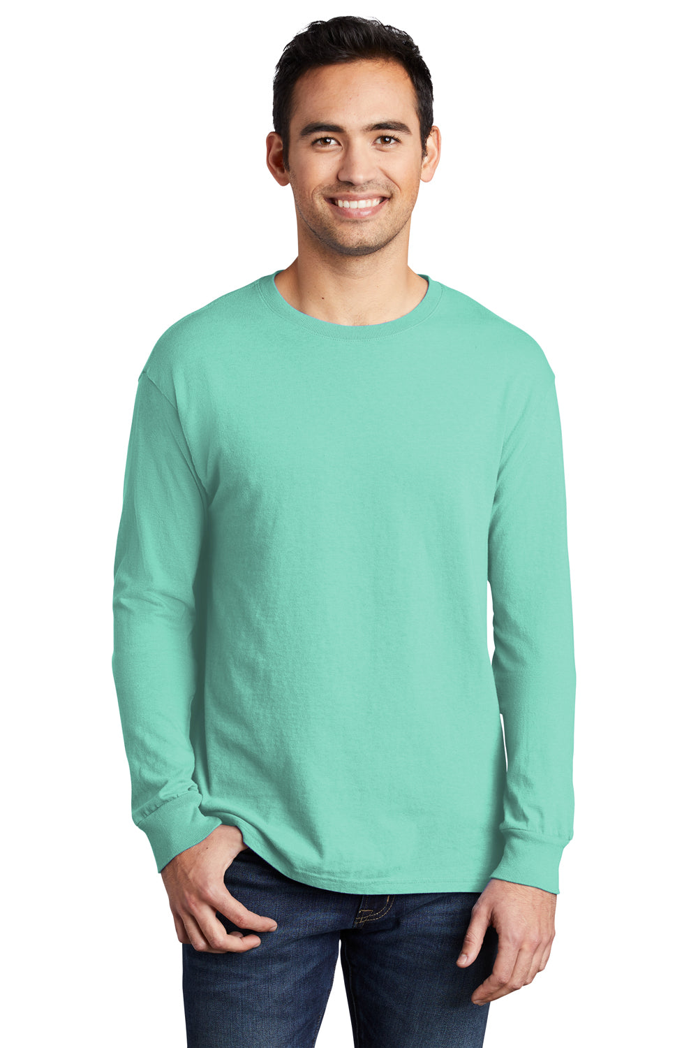 Port & Company PC099LS Mens Beach Wash Long Sleeve Crewneck T-Shirt Cool Mint Green Model Front