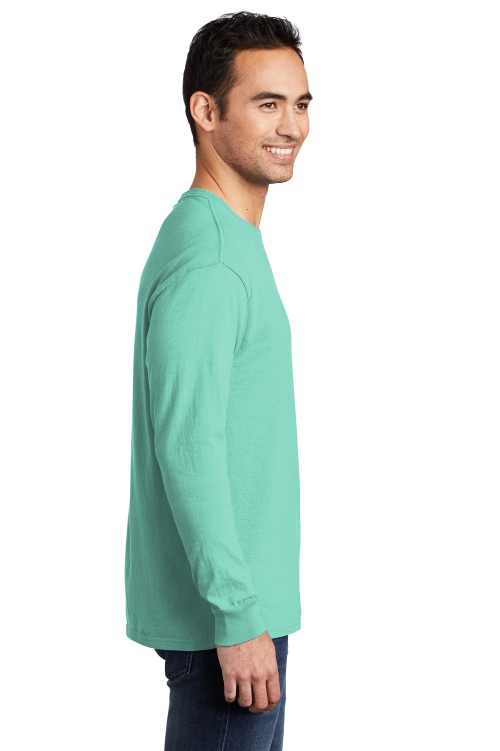 Port & Company PC099LS Mens Beach Wash Long Sleeve Crewneck T-Shirt Cool Mint Green Model Side