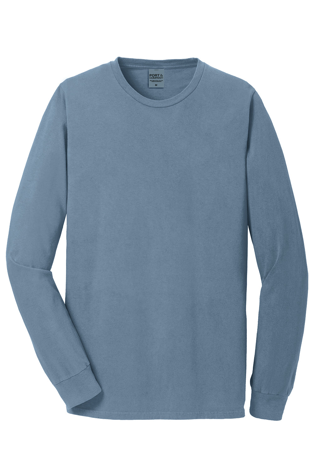 Port & Company PC099LS Mens Beach Wash Long Sleeve Crewneck T-Shirt Denim Blue Flat Front