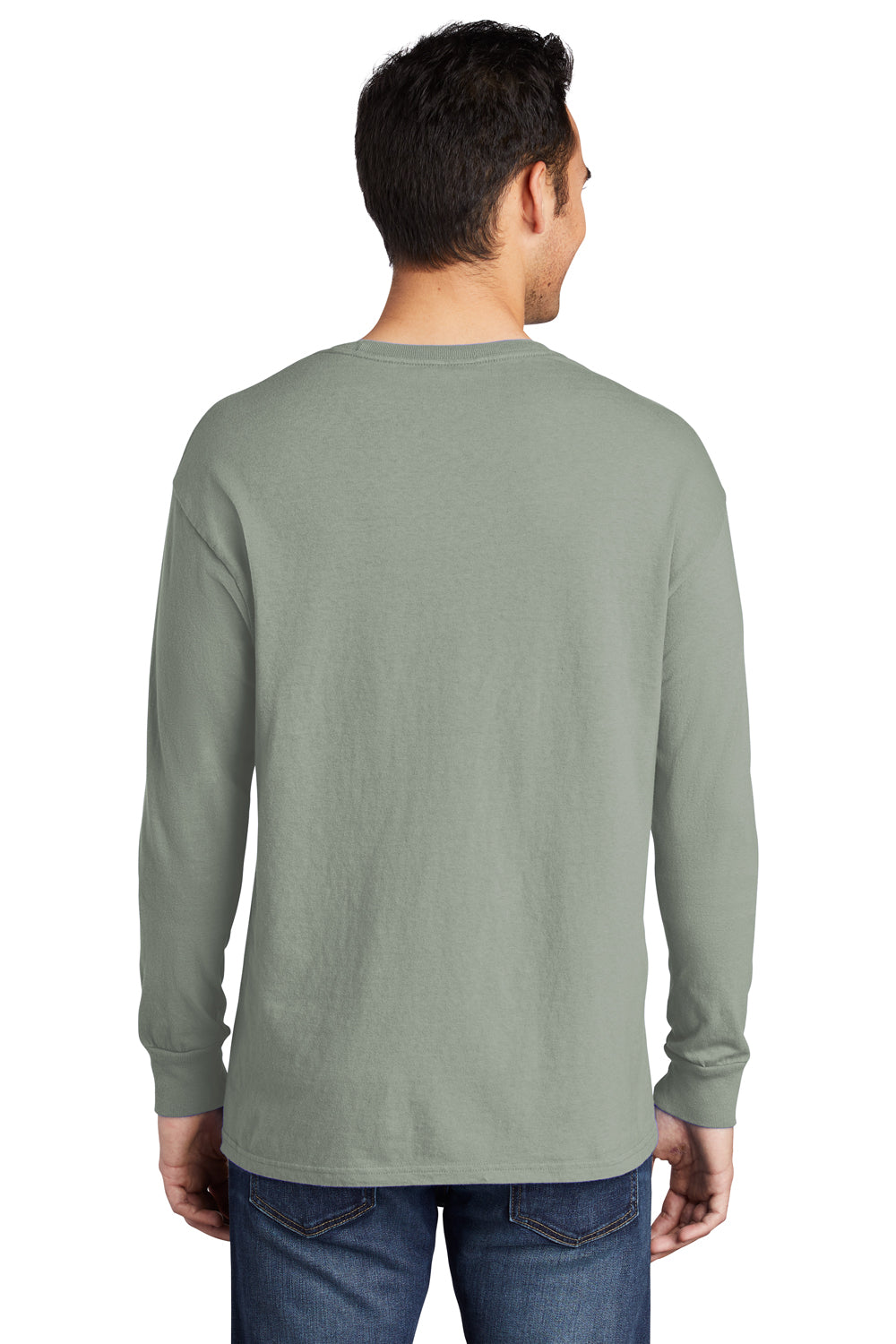 Port & Company PC099LS Mens Beach Wash Long Sleeve Crewneck T-Shirt Dove Grey Model Back