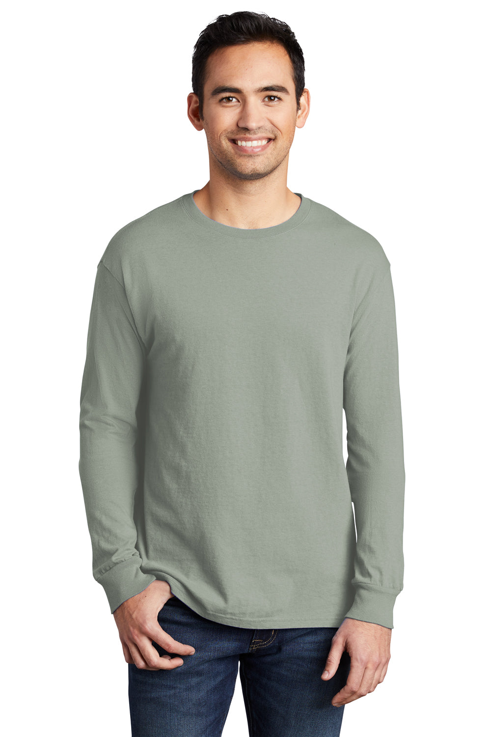 Port & Company PC099LS Mens Beach Wash Long Sleeve Crewneck T-Shirt Dove Grey Model Front