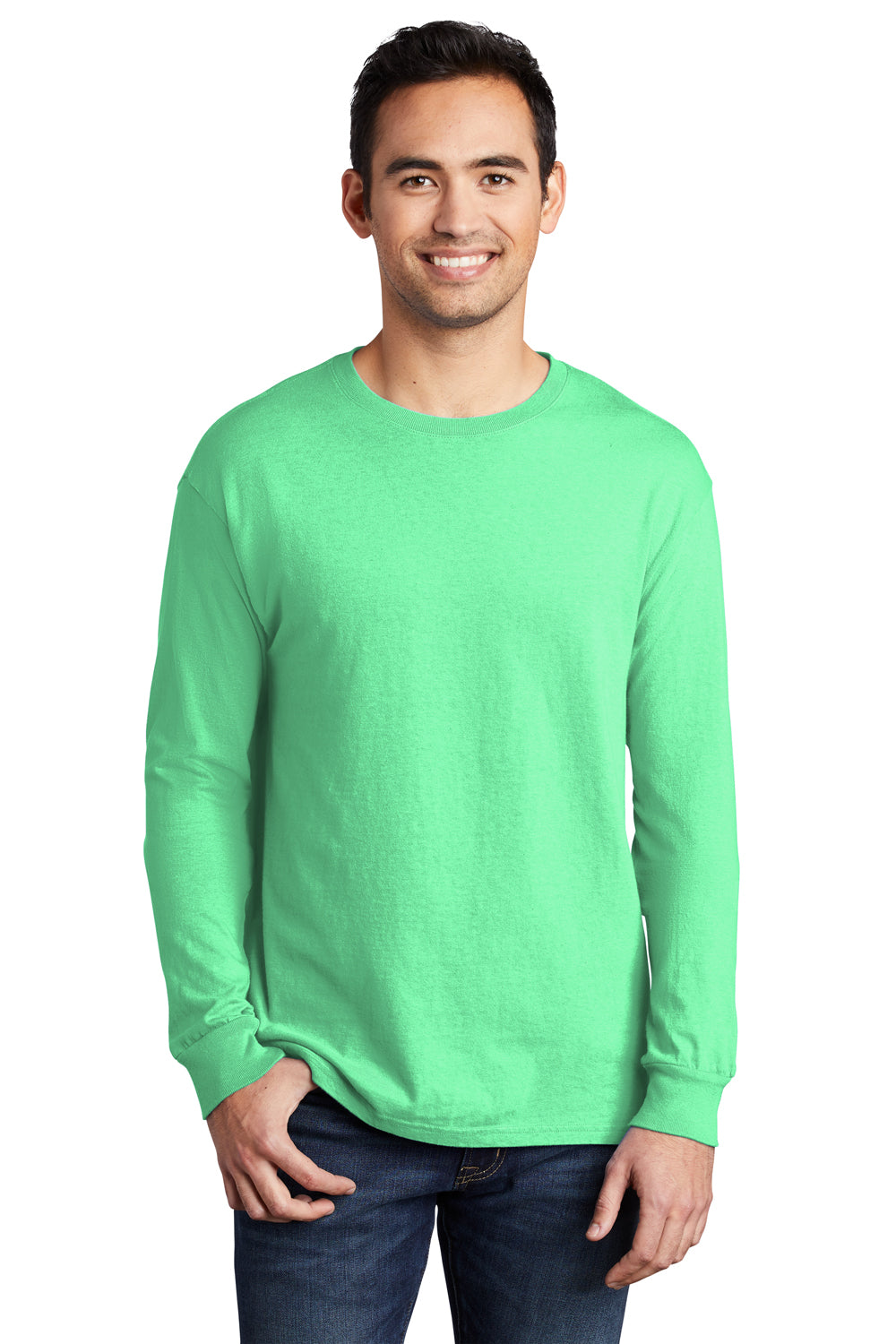 Port & Company PC099LS Mens Beach Wash Long Sleeve Crewneck T-Shirt Jadeite Green Model Front