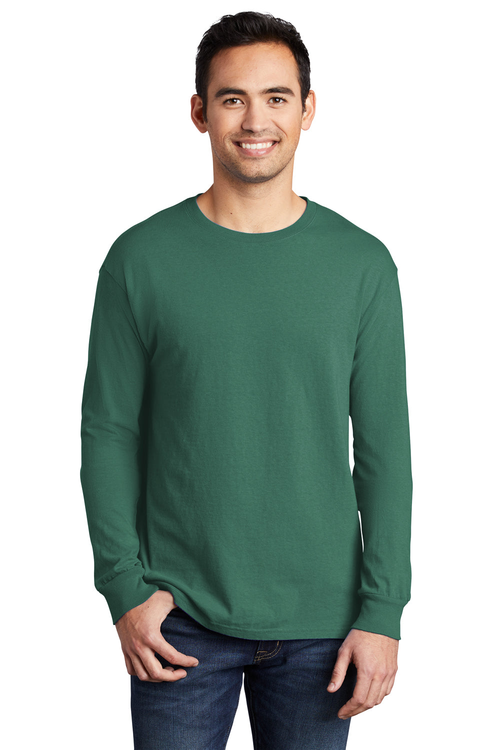 Port & Company PC099LS Mens Beach Wash Long Sleeve Crewneck T-Shirt Nordic Green Model Front